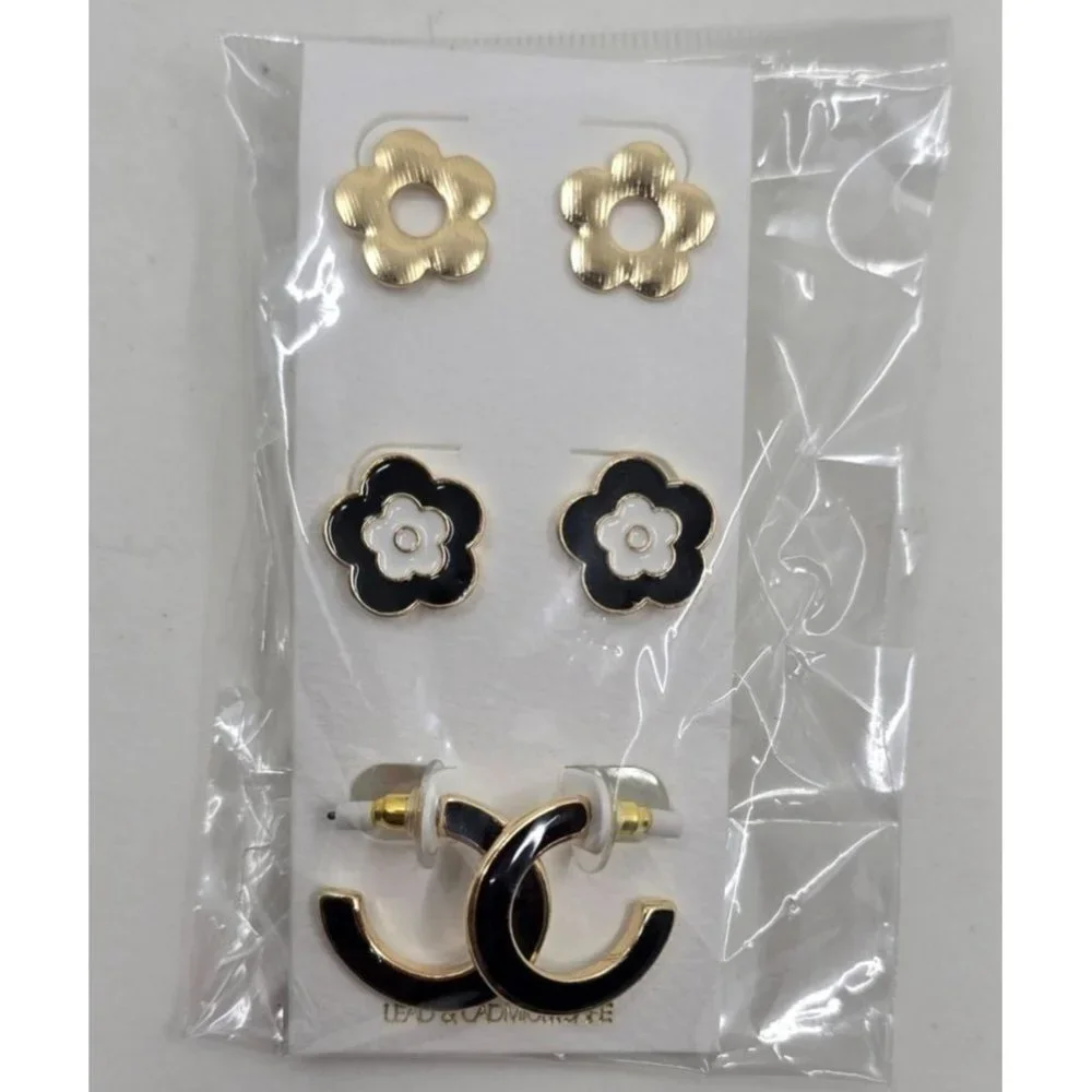 Brand New earrings, 1 gold flower, 1 gold black and white flower, 1 black and go - Picture 2 of 2